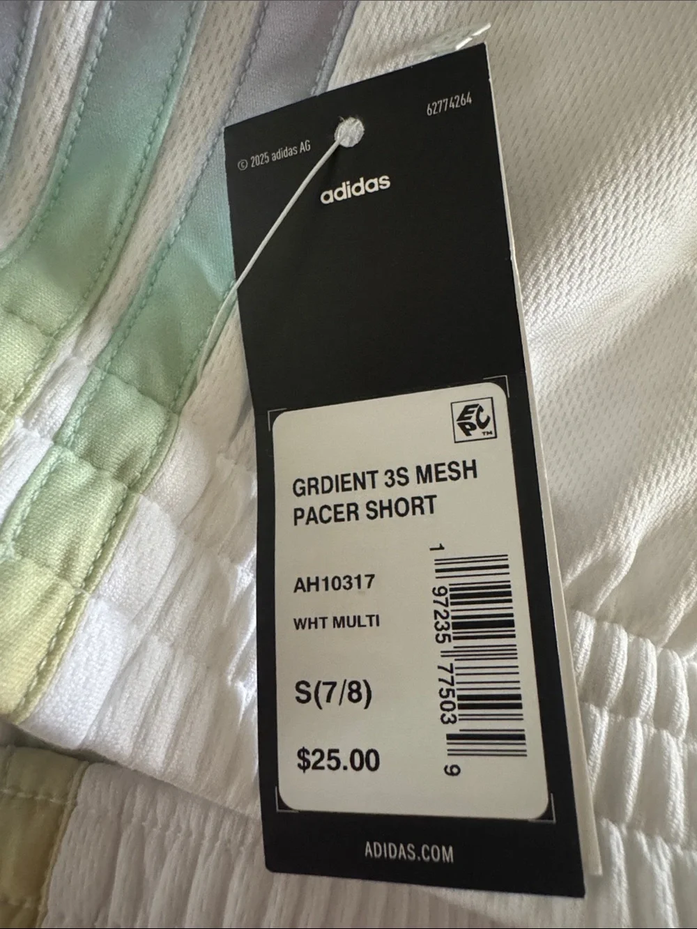 adidas White Mesh Athletic Shorts with Pastel Rainbow Stripes
